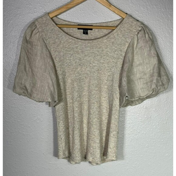 KAREN KANE 100% Linen Short Bell Sleeve Soft Blouse Top Sz M Beige - Picture 2 of 8